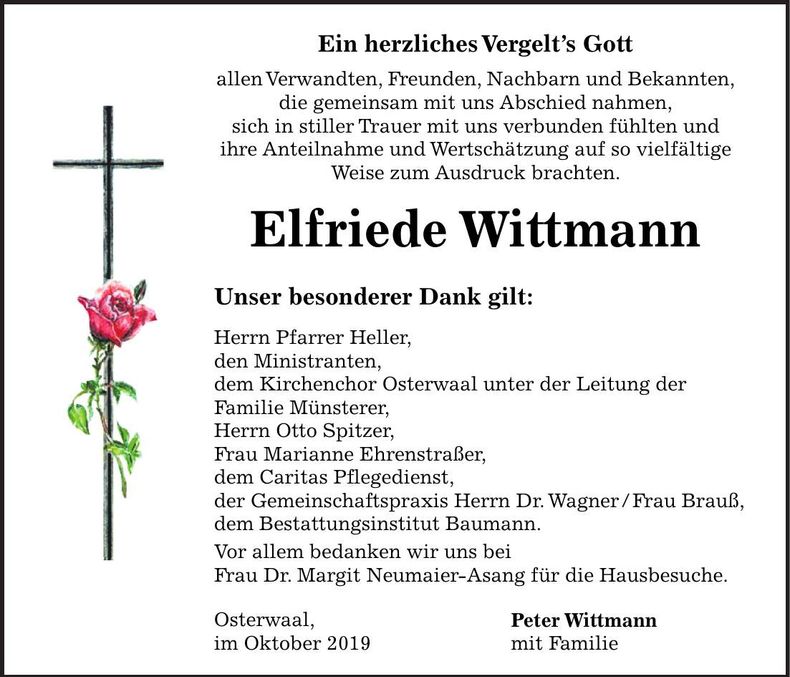 Traueranzeige Elfriede Wittmann