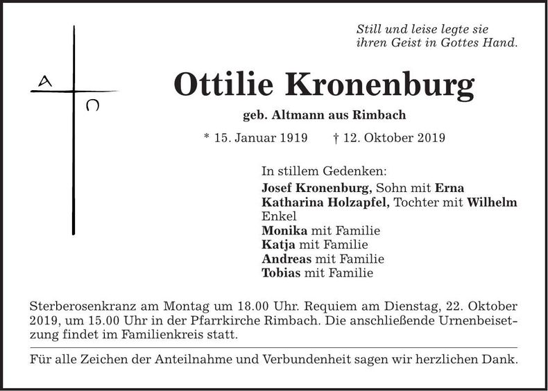 Traueranzeige Ottilie Kronenburg