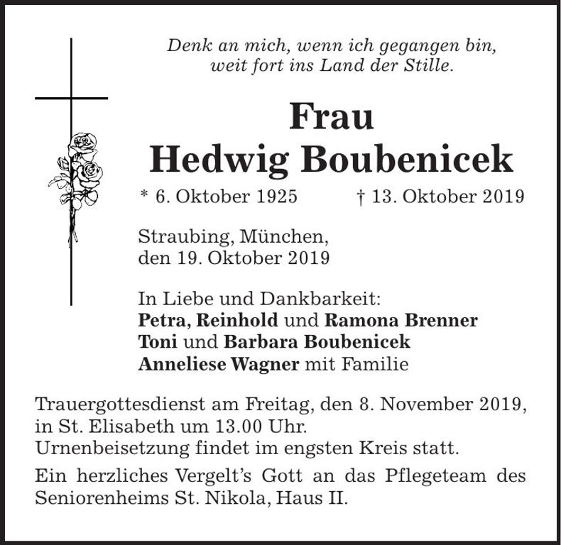 Traueranzeige Hedwig Boubenicek