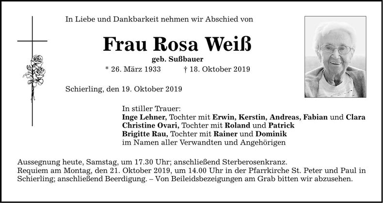Traueranzeige Rosa Weiß