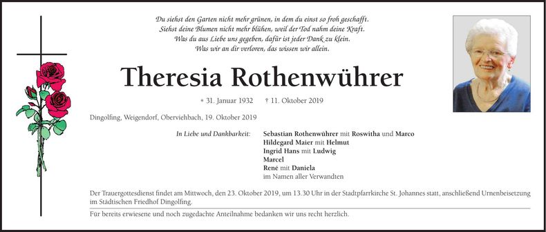 Traueranzeige Theresia Rothenwührer
