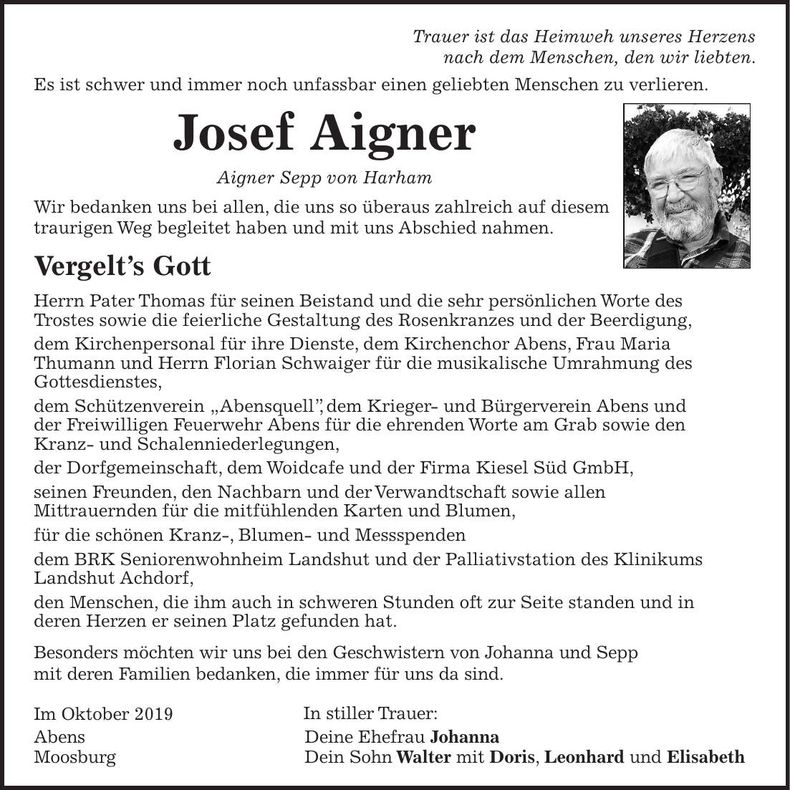 Traueranzeige Josef Aigner