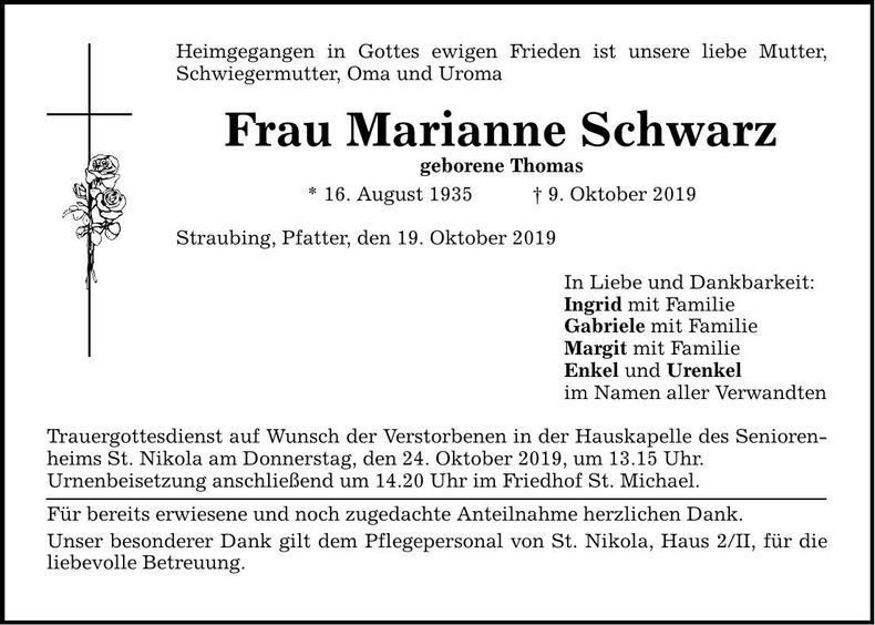 Traueranzeige Marianne Schwarz