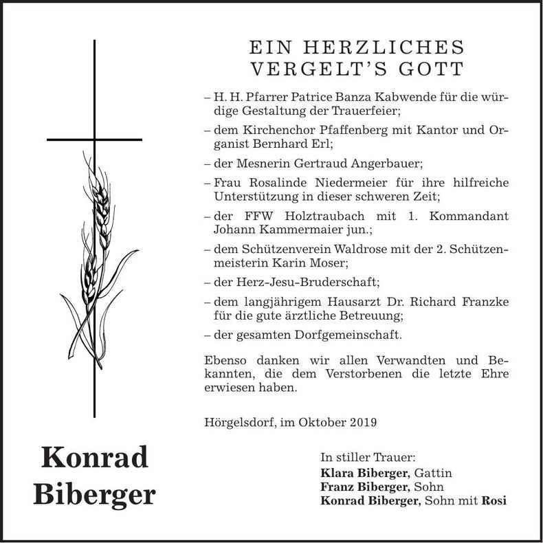 Traueranzeige Konrad Biberger