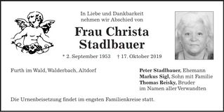 Traueranzeige Christa Stadlbauer