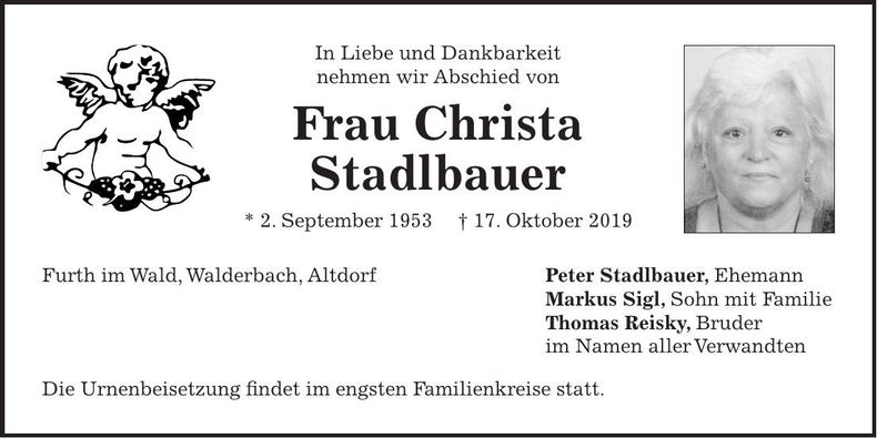 Traueranzeige Christa Stadlbauer