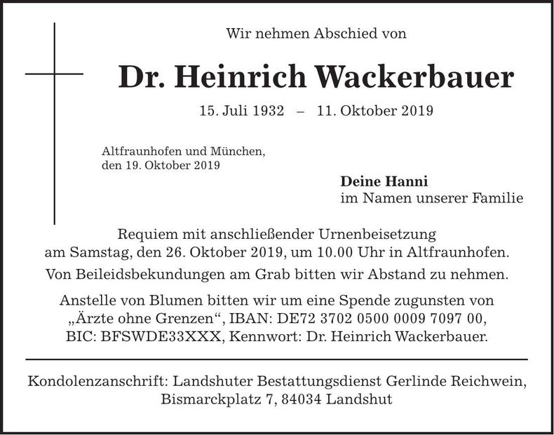 Traueranzeige Heinrich Wackerbauer