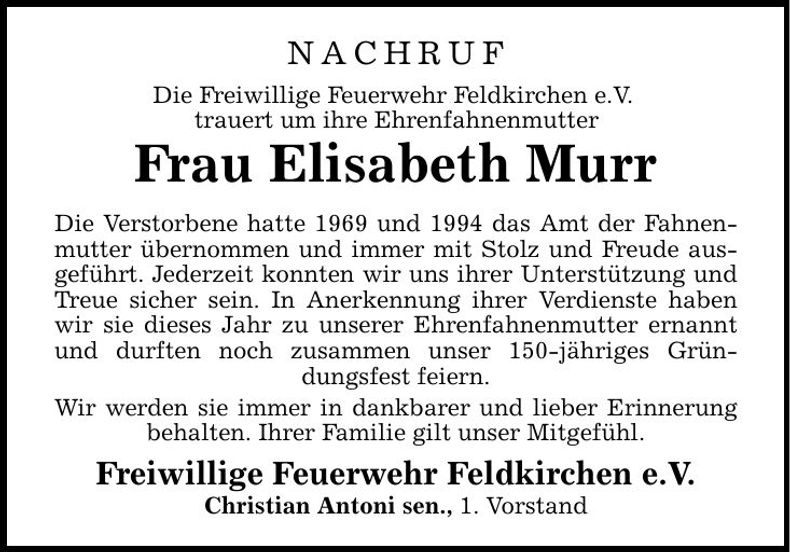 Traueranzeige Elisabeth Murr