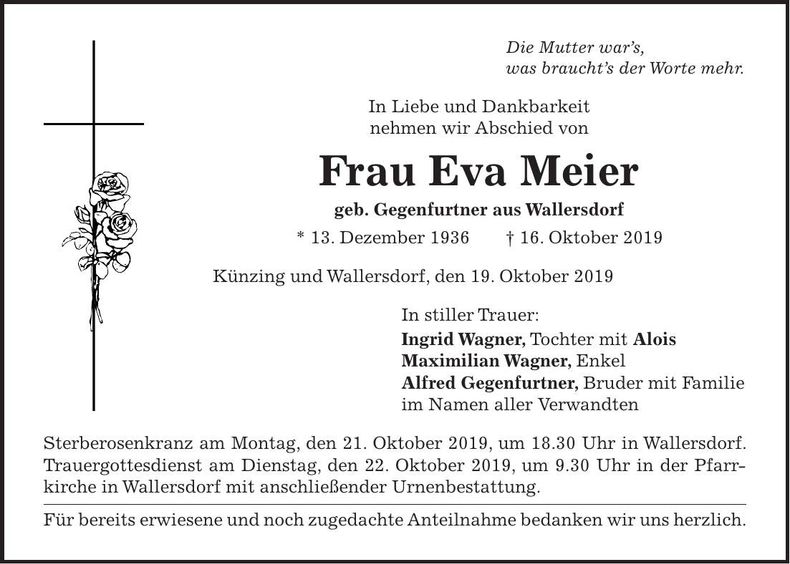 Traueranzeige Eva Meier
