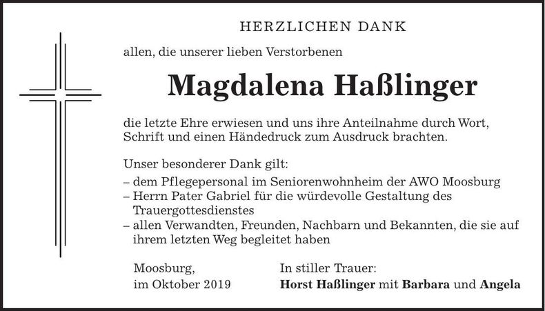 Traueranzeige Magdalena Haßlinger