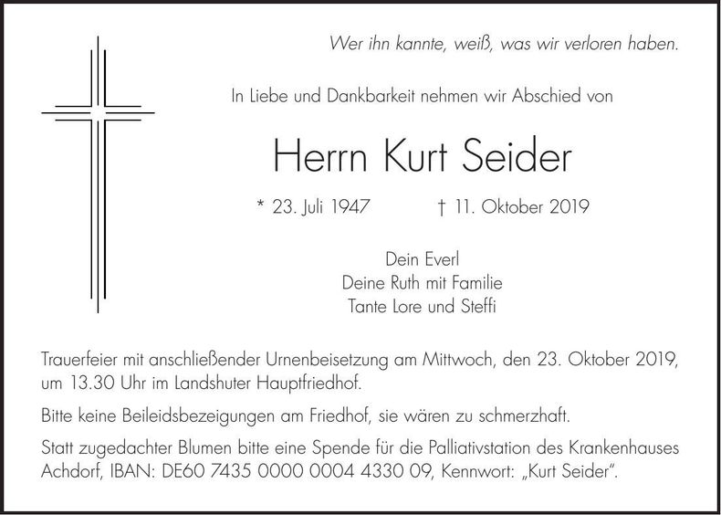 Traueranzeige Kurt Seider