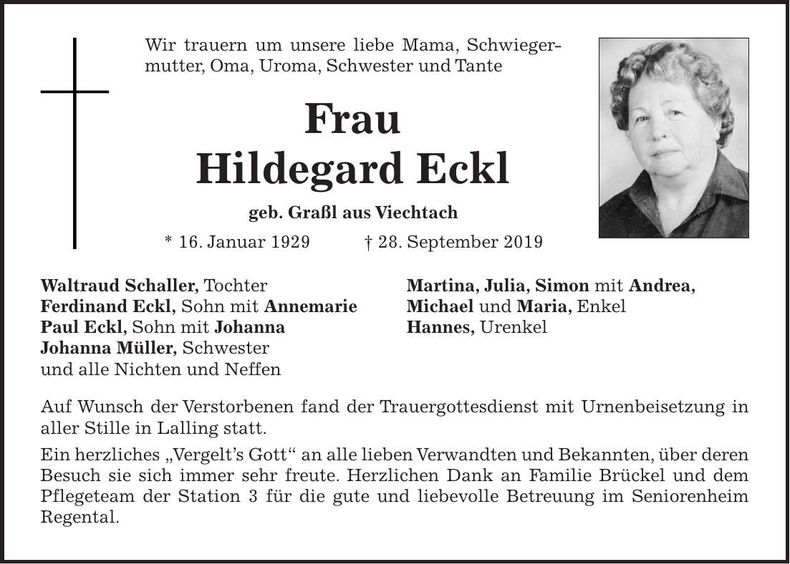 Traueranzeige Eckl Hildegard