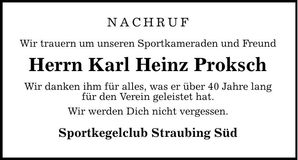 Traueranzeige Karl Heinz Proksch