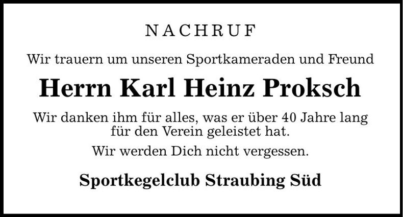 Traueranzeige Karl Heinz Proksch