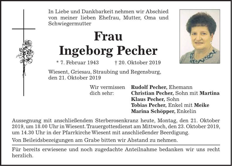 Traueranzeige Ingeborg Pecher