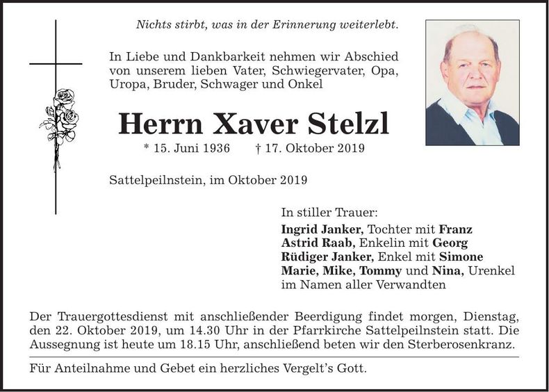 Traueranzeige Xaver Stelzl