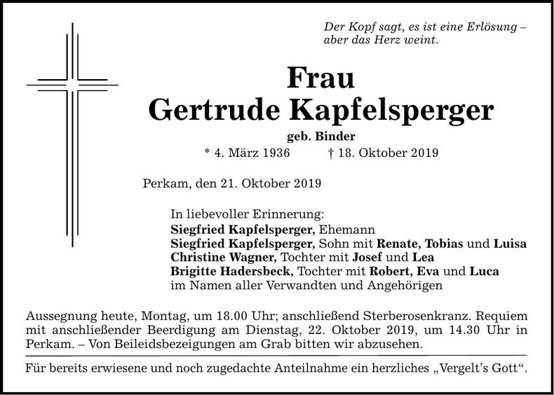 Traueranzeige Gertrude Kapfelsperger