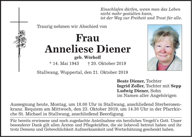 Traueranzeige Anneliese Diener