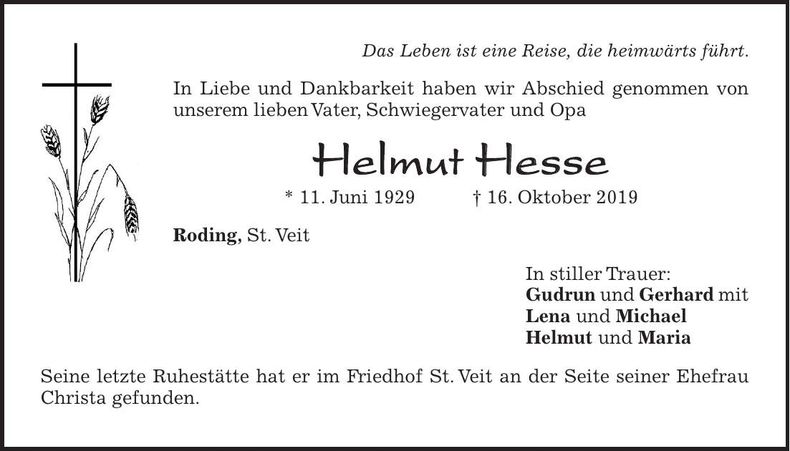 Traueranzeige Helmut Hesse