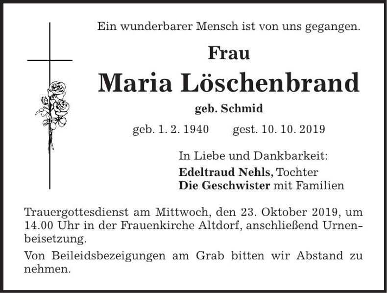 Traueranzeige Maria Löschenbrand