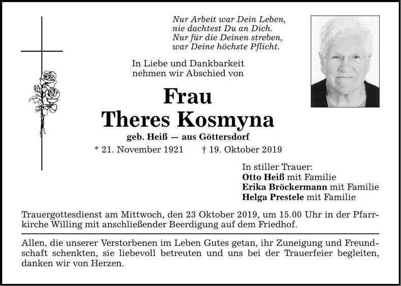 Traueranzeige Theres Kosmyna