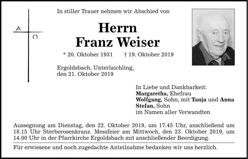 Traueranzeige Franz Weiser
