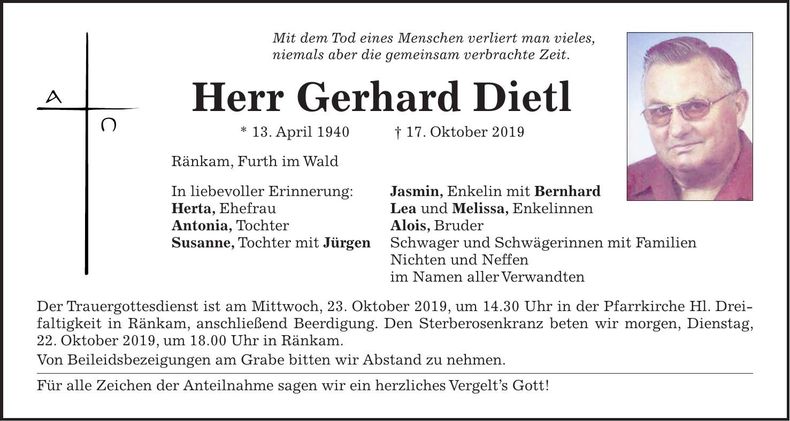 Traueranzeige Gerhard Dietl