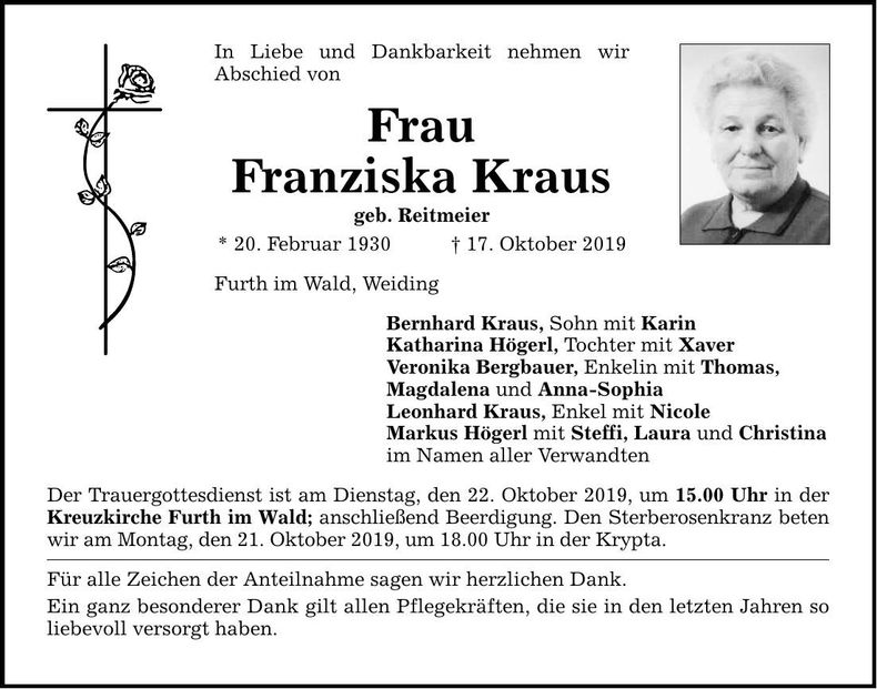 Traueranzeige Franziska Kraus