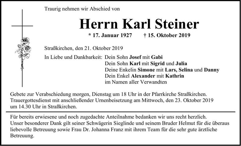 Traueranzeige Karl Steiner
