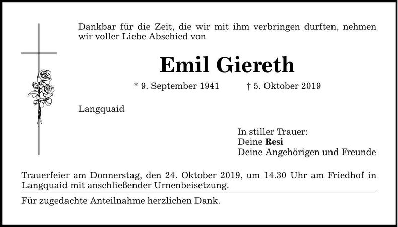 Traueranzeige Emil Giereth