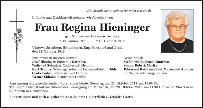Traueranzeige Hieninger Regina