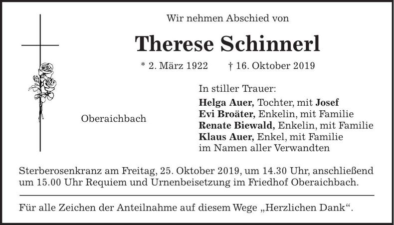 Traueranzeige Therese Schinnerl