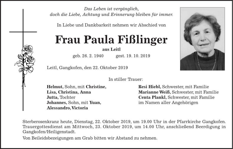 Traueranzeige Paula Fißlinger