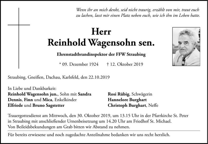 Traueranzeige Reinhold Wagensohn