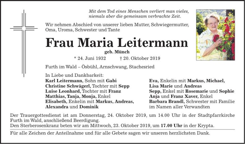 Traueranzeige Maria Leitermann