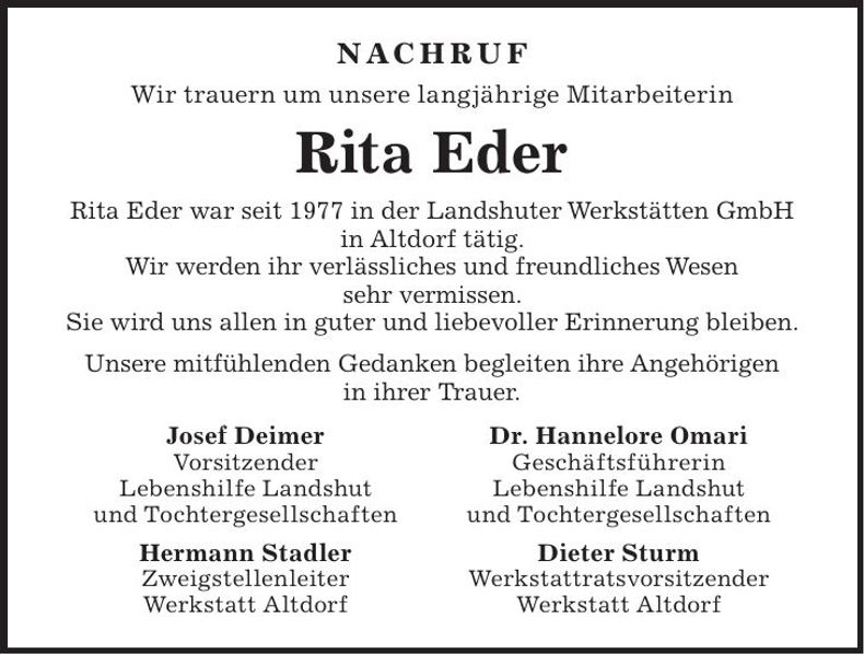 Traueranzeige Rita Eder