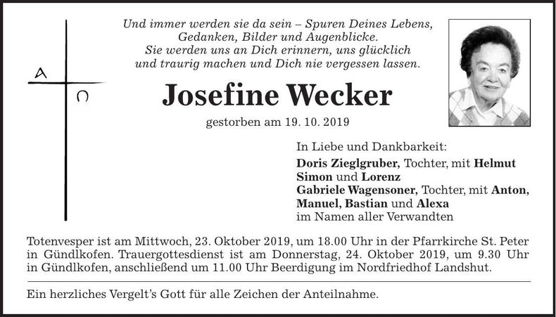 Traueranzeige Josefine Wecker