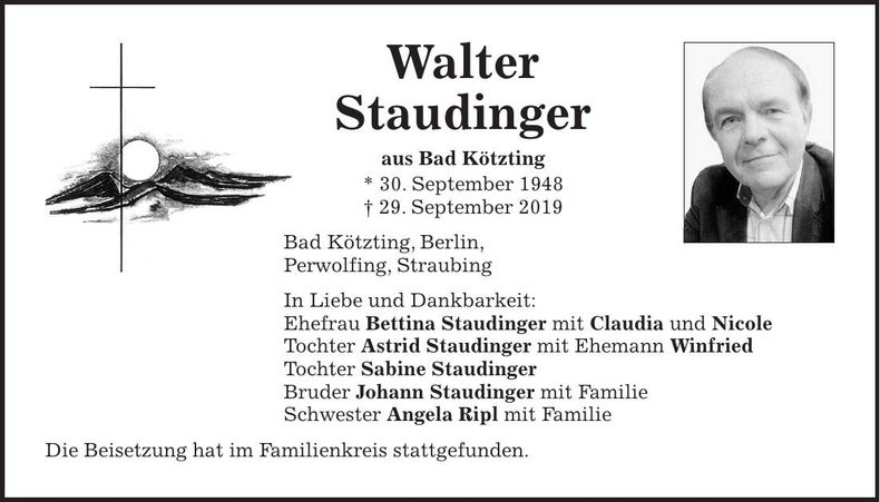 Traueranzeige Walter Staudinger