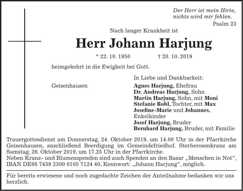 Traueranzeige Johann Harjung