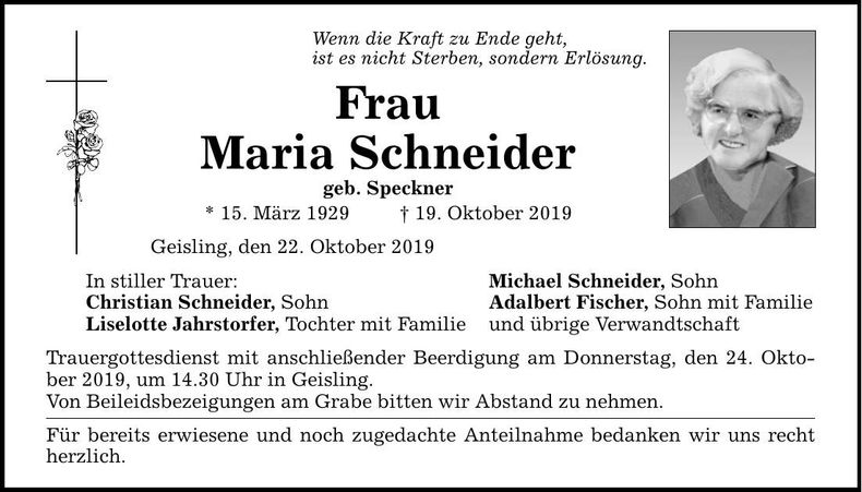 Traueranzeige Maria Schneider