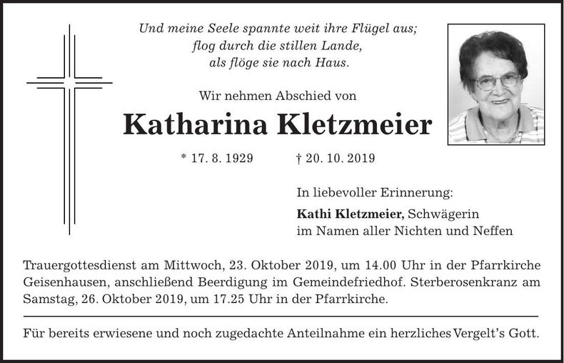 Traueranzeige Katharina Kletzmeier