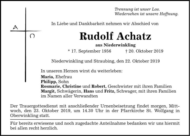 Traueranzeige Rudolf Achatz