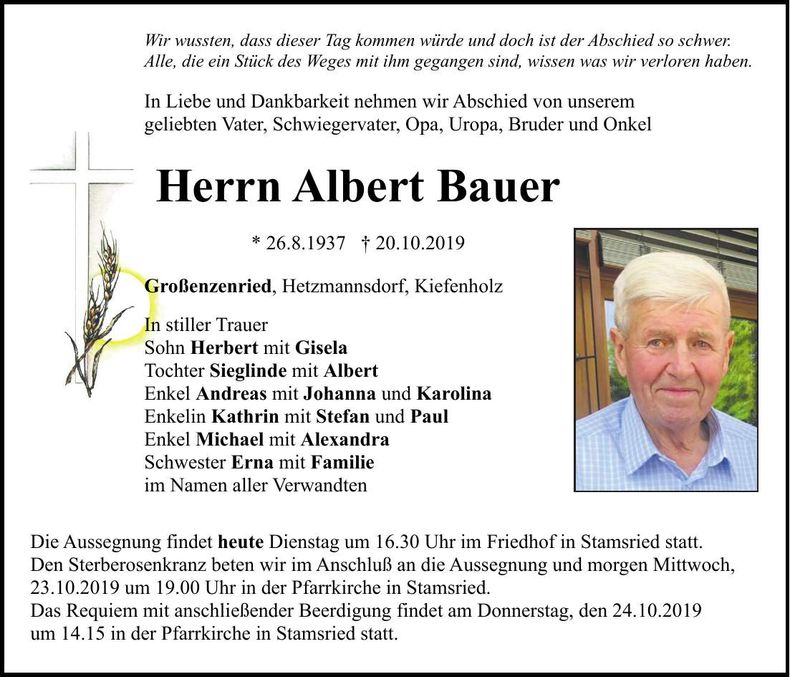 Traueranzeige Albert Bauer