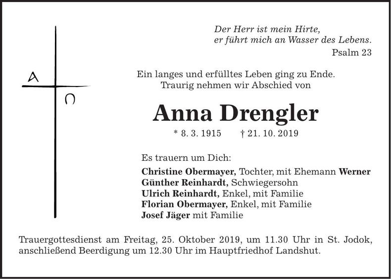 Traueranzeige Anna Drengler