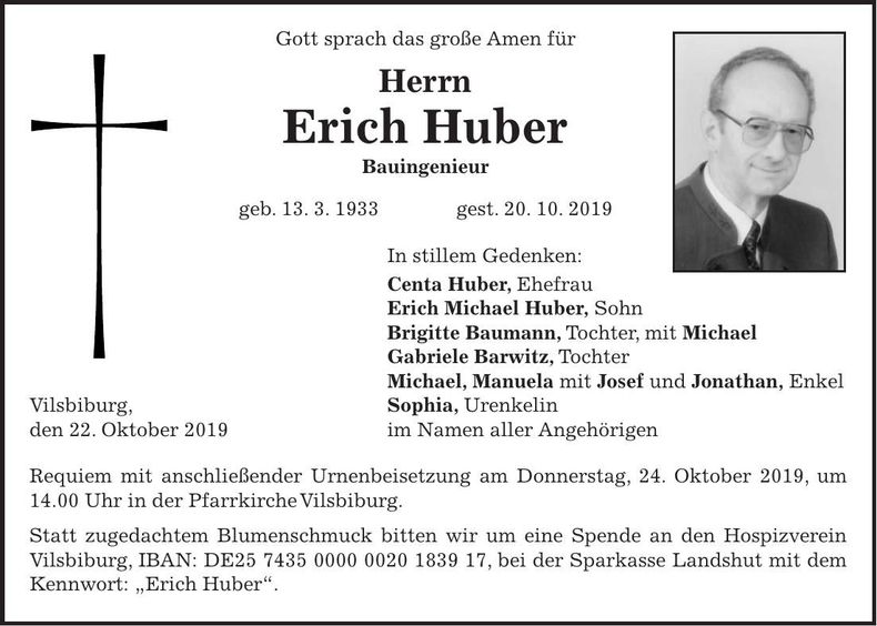 Traueranzeige Erich Huber