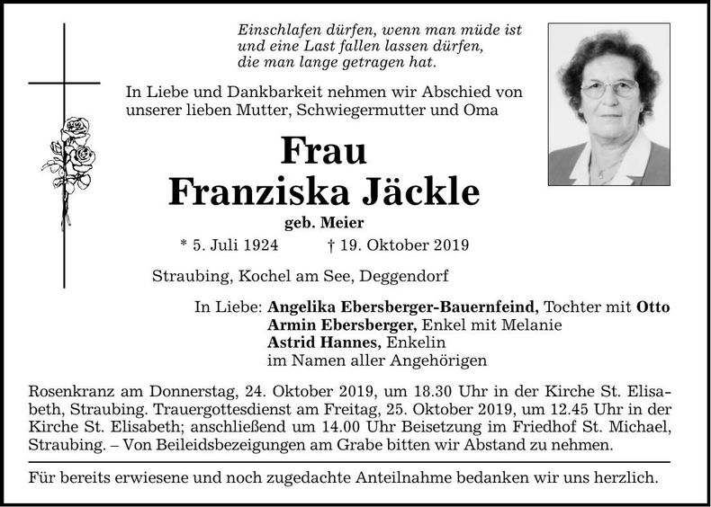 Traueranzeige Franziska Jäckle