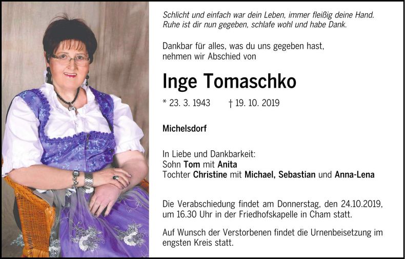 Traueranzeige Inge Tomaschko