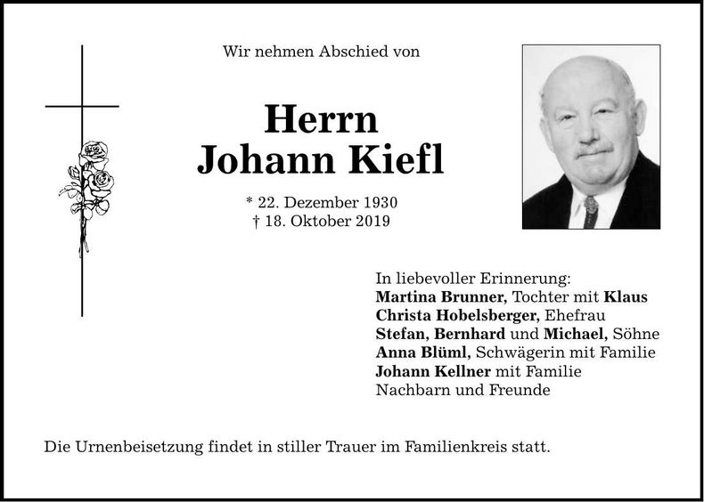Traueranzeige Johann Kiefl