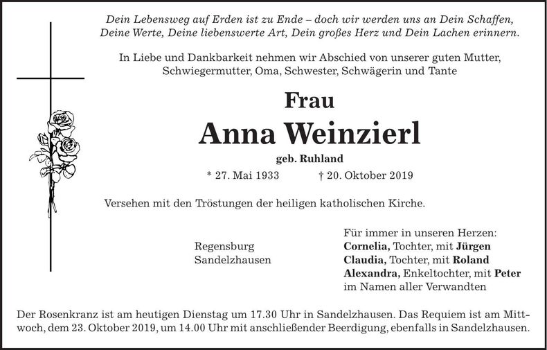 Traueranzeige Anna Weinzierl