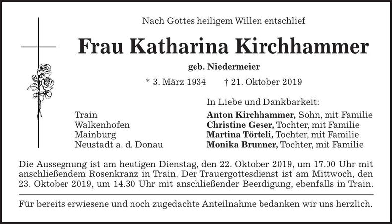 Traueranzeige Katharina Kirchhammer